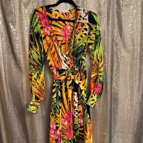 Womens Tropical Leaf Hibiscus Sheer Dress Swim Coverup Maxi Long Sleeve Large - Picture 1 of 10